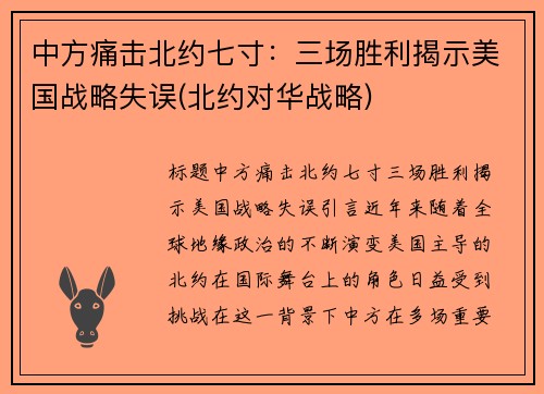 中方痛击北约七寸：三场胜利揭示美国战略失误(北约对华战略)