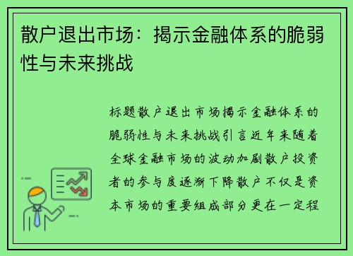 散户退出市场：揭示金融体系的脆弱性与未来挑战