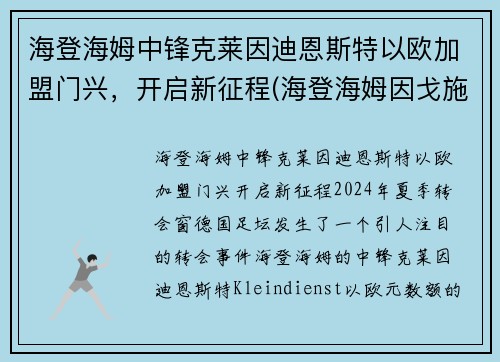海登海姆中锋克莱因迪恩斯特以欧加盟门兴，开启新征程(海登海姆因戈施塔)