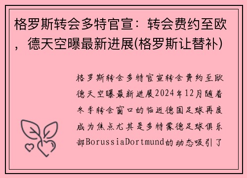 格罗斯转会多特官宣：转会费约至欧，德天空曝最新进展(格罗斯让替补)