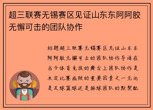 超三联赛无锡赛区见证山东东阿阿胶无懈可击的团队协作