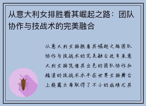 从意大利女排胜看其崛起之路：团队协作与技战术的完美融合